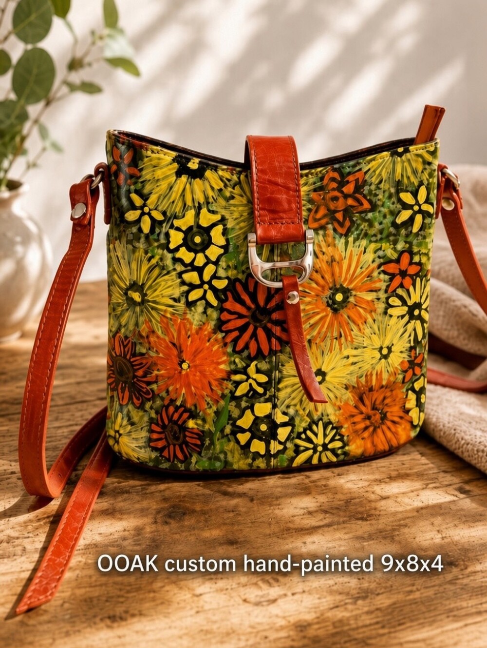 Custom Floral Leather Crossbody Hand Painted Shoulder Bag Cottagecore Purse OOAK